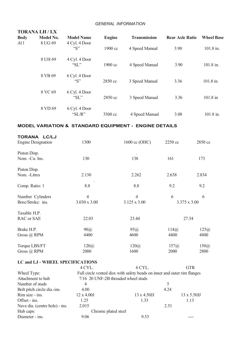 Holden Torana LU LJ LH LX GTR XU-1 Repair Manual 69-79