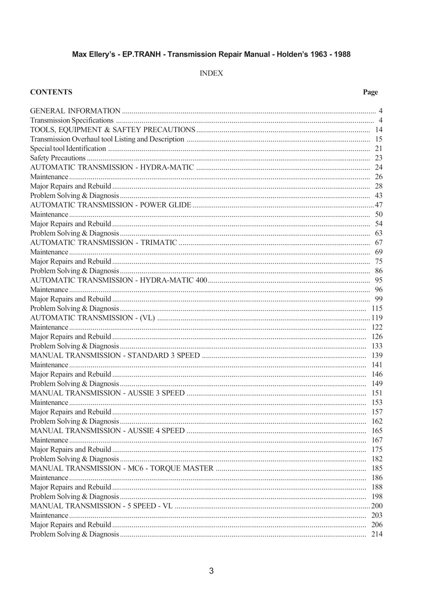 HOLDEN 1963-1988 TRANSMISSIONS Automatics and Manuals