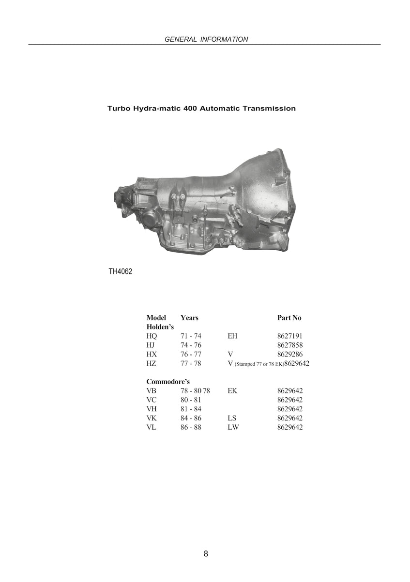 HOLDEN 1963-1988 TRANSMISSIONS Automatics and Manuals