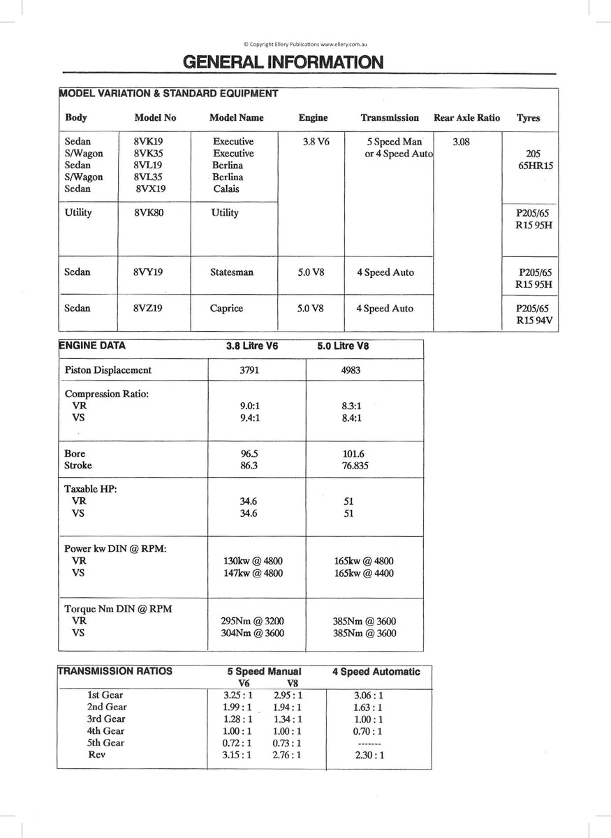 Holden Commodore/Lexcen Vr Vs Repair Manual 93-97