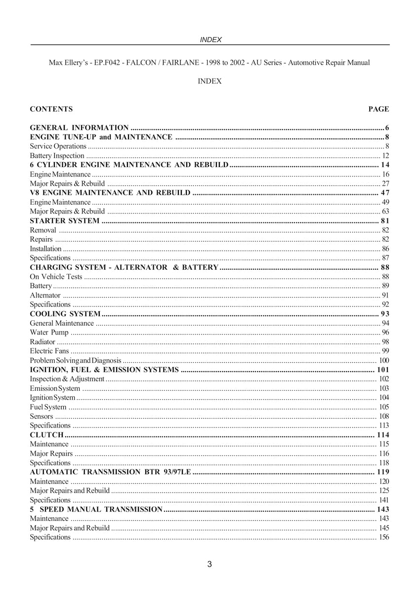 Falcon/Fairlane Vehicle Repair Manual 99-02