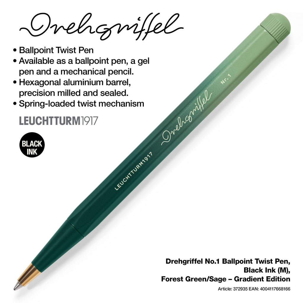 Drehgriffel No.1, Ballpoint Twist Pen, Royal Blue Ink (M), Aluminium Barrel in Forest Green/Sage - Gradient Edition