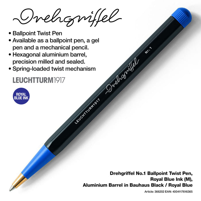 Drehgriffel No.1, Ballpoint Twist Pen, Royal Blue Ink (M), Aluminium Barrel in Bauhaus Black / Royal Blue