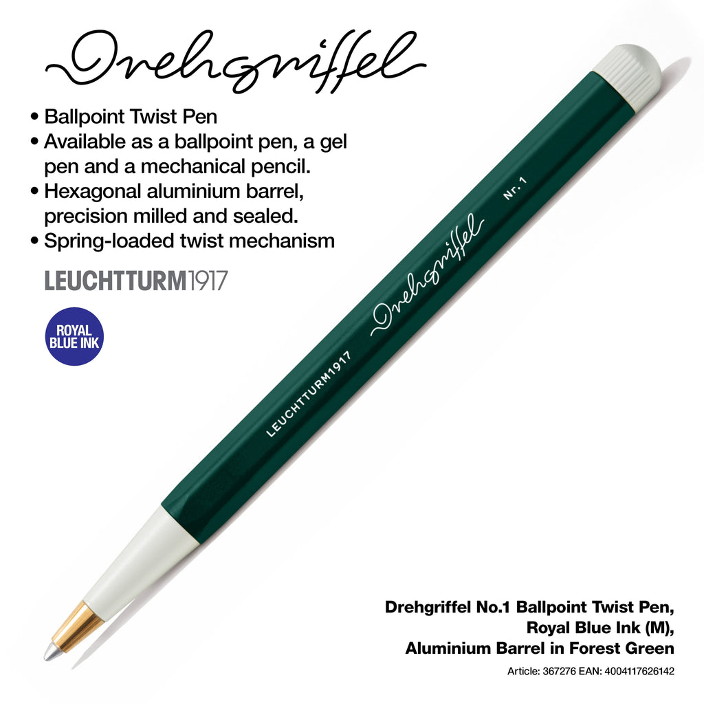 Drehgriffel No.1, Ballpoint Twist Pen, Royal Blue Ink (M), Aluminium Barrel in Forest Green