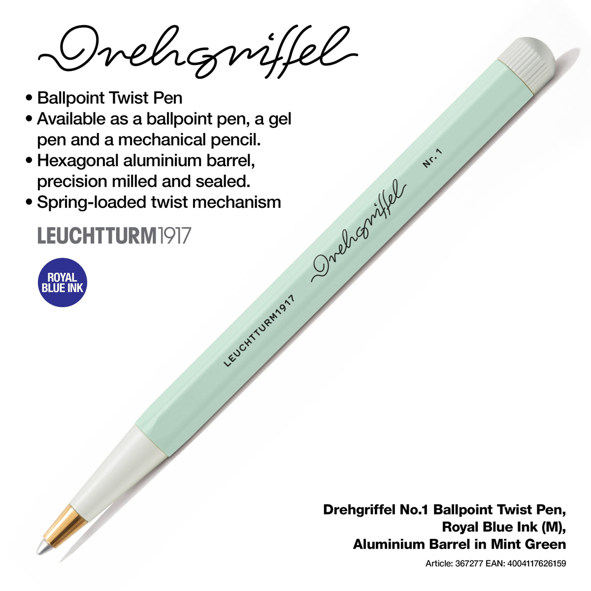 Drehgriffel No.1, Ballpoint Twist Pen, Royal Blue Ink (M), Aluminium Barrel in Mint Green