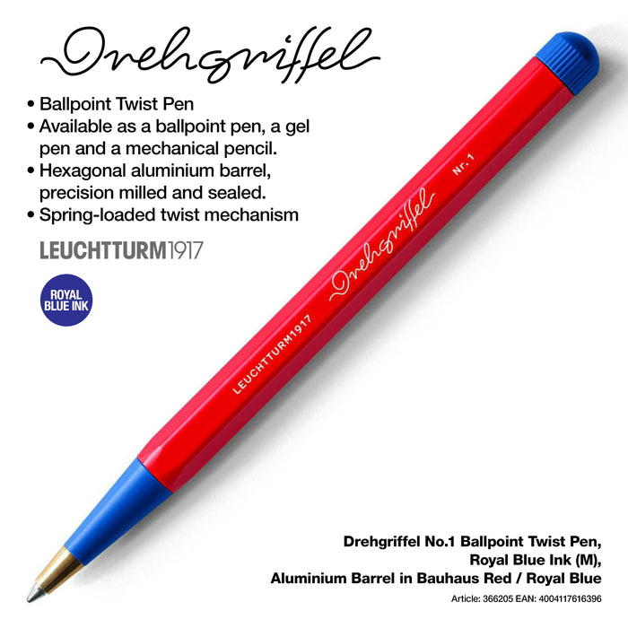 Drehgriffel No.1, Ballpoint Twist Pen, Royal Blue Ink (M), Aluminium Barrel in Bauhaus Red / Blue