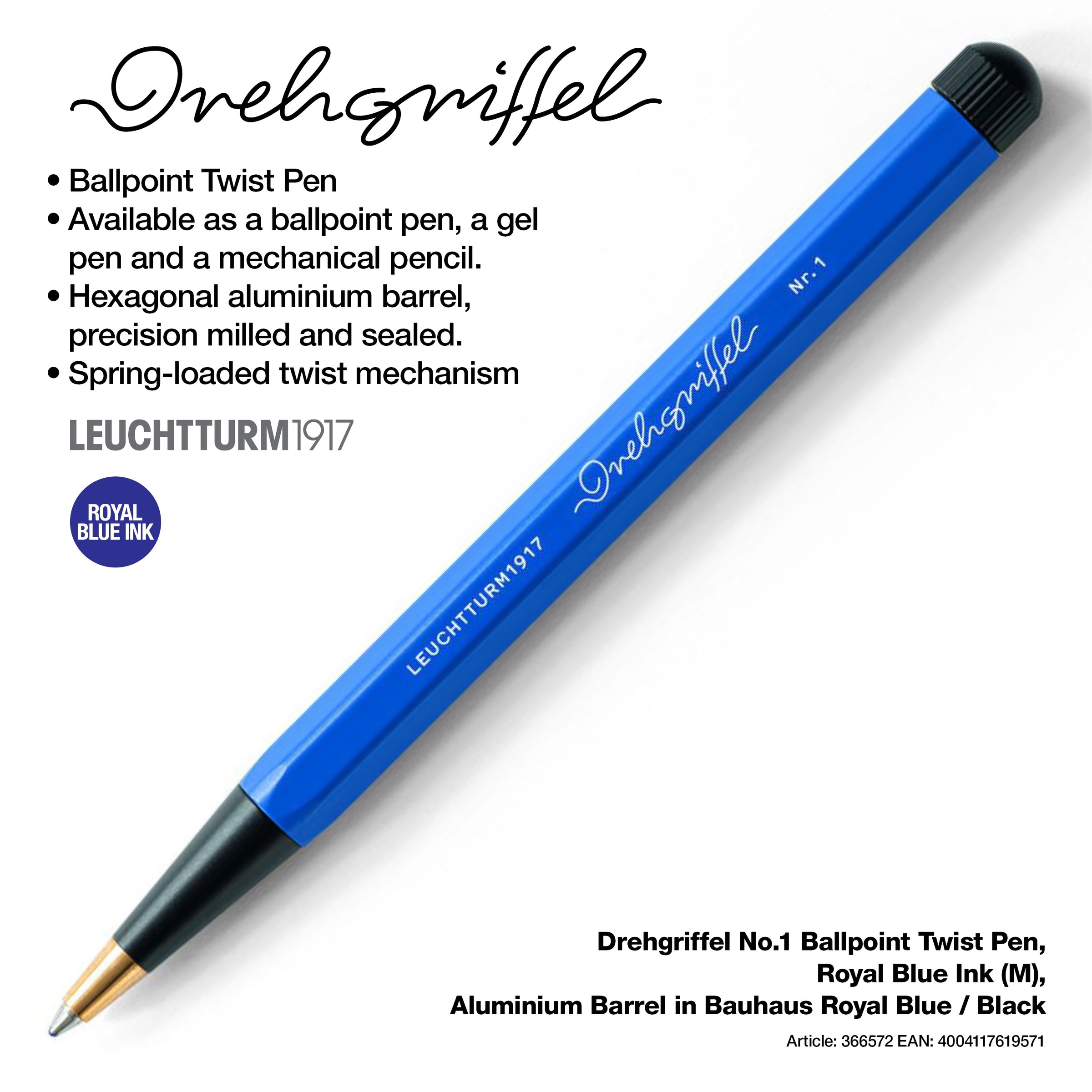 Drehgriffel No.1, Ballpoint Twist Pen, Royal Blue Ink (M), Aluminium Barrel in Bauhaus Royal Blue / Black
