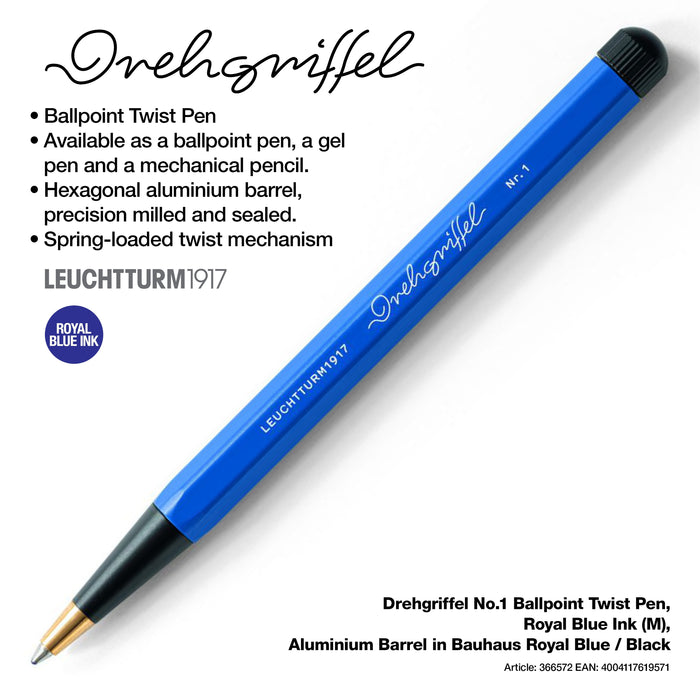 Drehgriffel No.1, Ballpoint Twist Pen, Royal Blue Ink (M), Aluminium Barrel in Bauhaus Royal Blue / Black