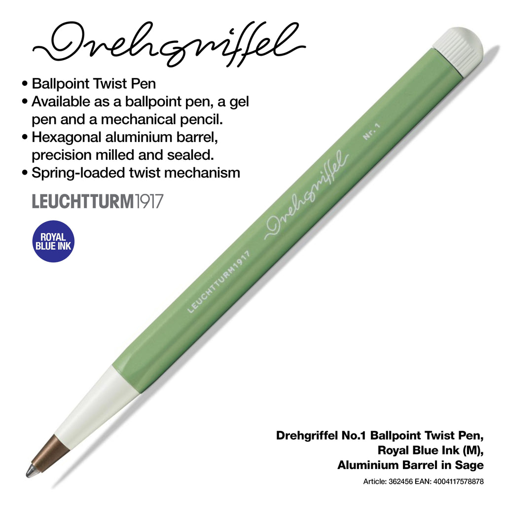 Drehgriffel No.1, Ballpoint Twist Pen, Royal Blue Ink (M), Aluminium Barrel in Sage