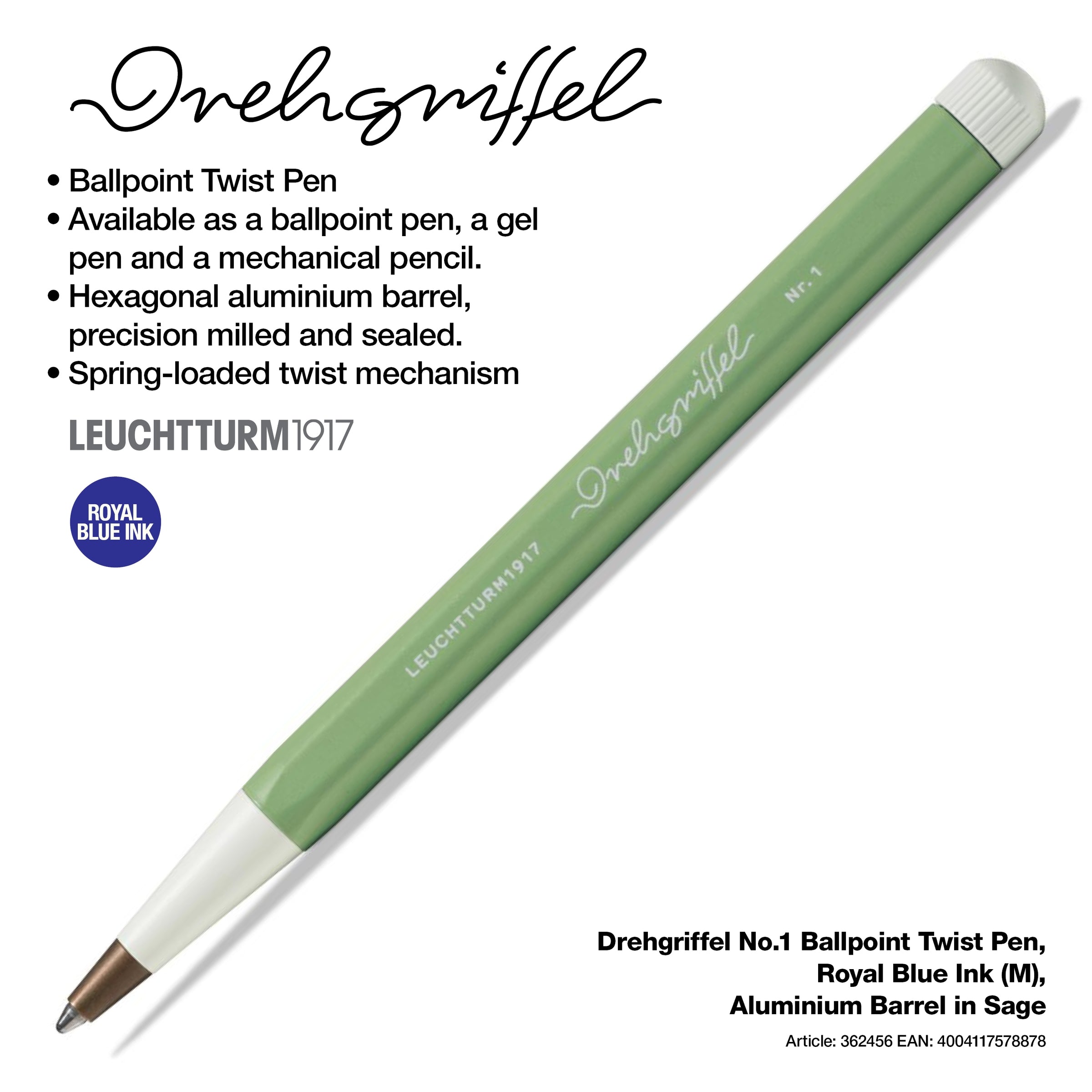 Drehgriffel No.1, Ballpoint Twist Pen, Royal Blue Ink (M), Aluminium Barrel in Sage