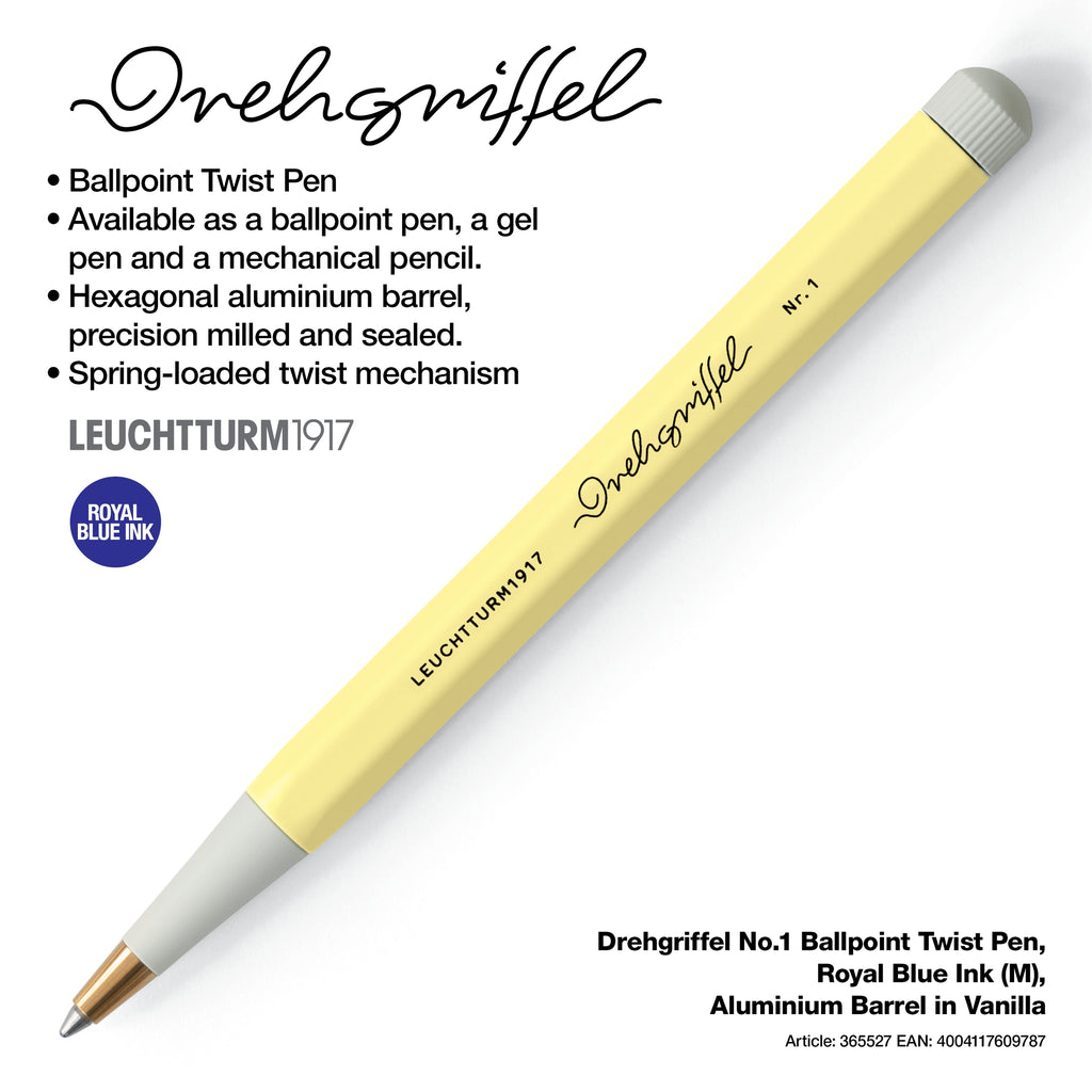 Drehgriffel No.1, Ballpoint Twist Pen, Royal Blue Ink (M), Aluminium Barrel in Vanilla