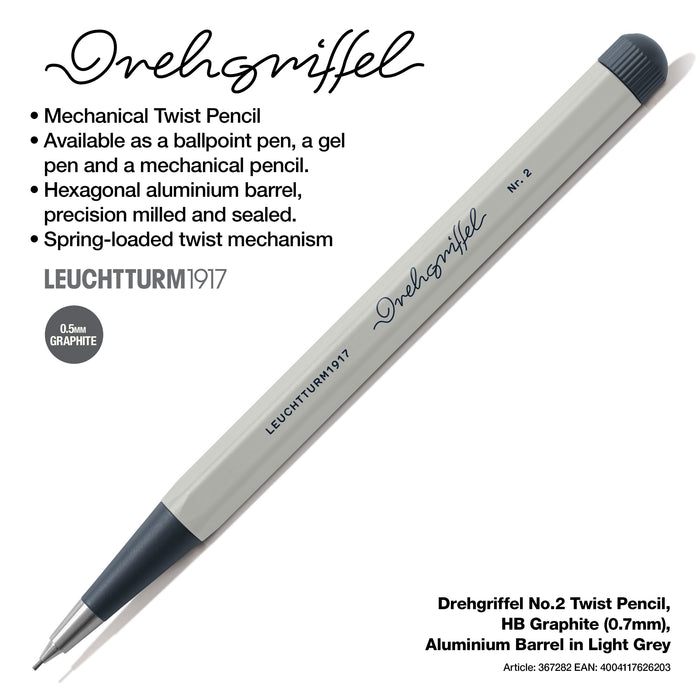 Drehgriffel No.2, Twist Pencil, HB Graphite (0.7mm), Aluminium Barrel in Light Grey