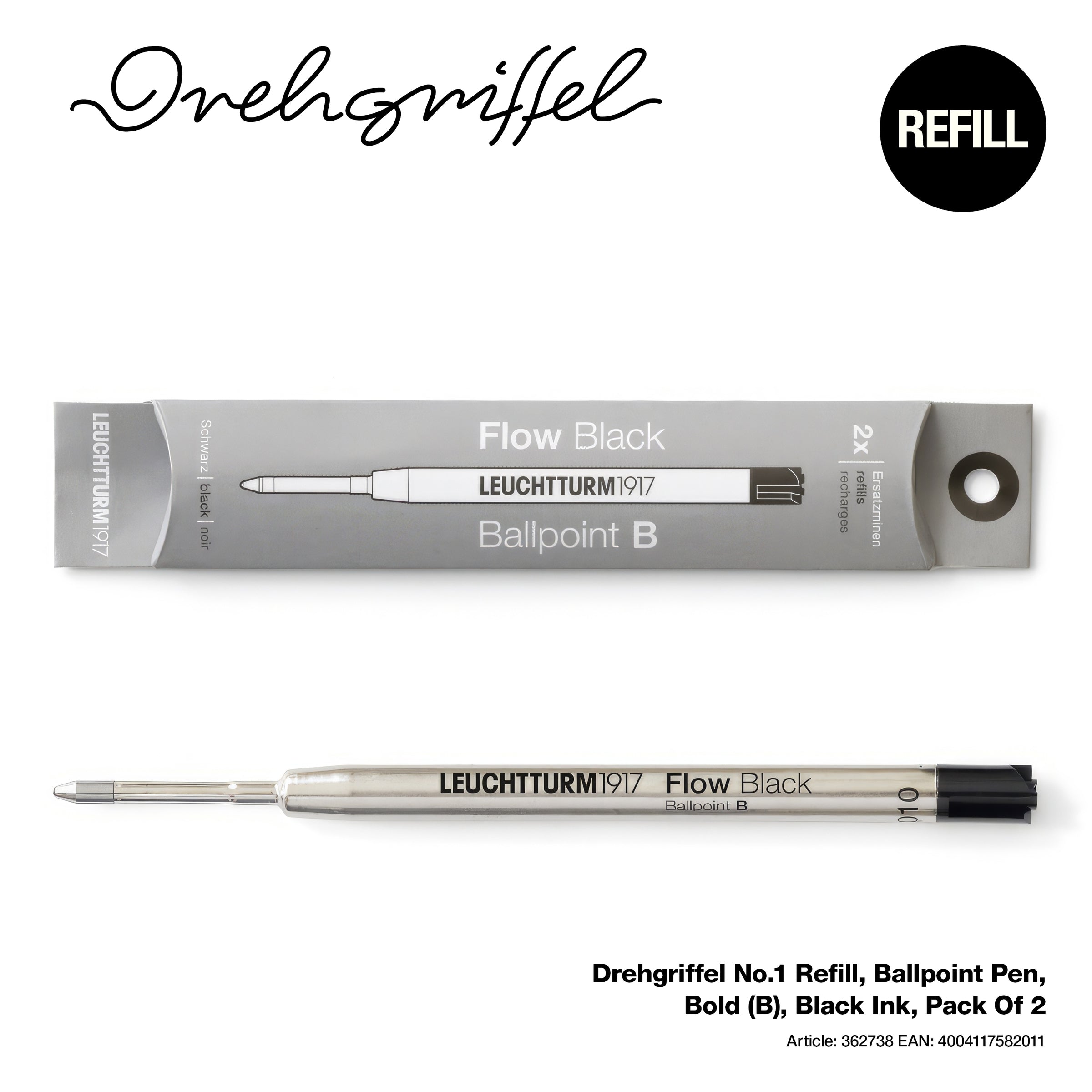 Drehgriffel No.1, Refill, Ballpoint Twist Pen, Bold (B), Black Ink, Pack Of 2