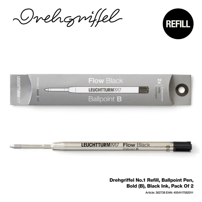 Drehgriffel No.1, Refill, Ballpoint Twist Pen, Bold (B), Black Ink, Pack Of 2