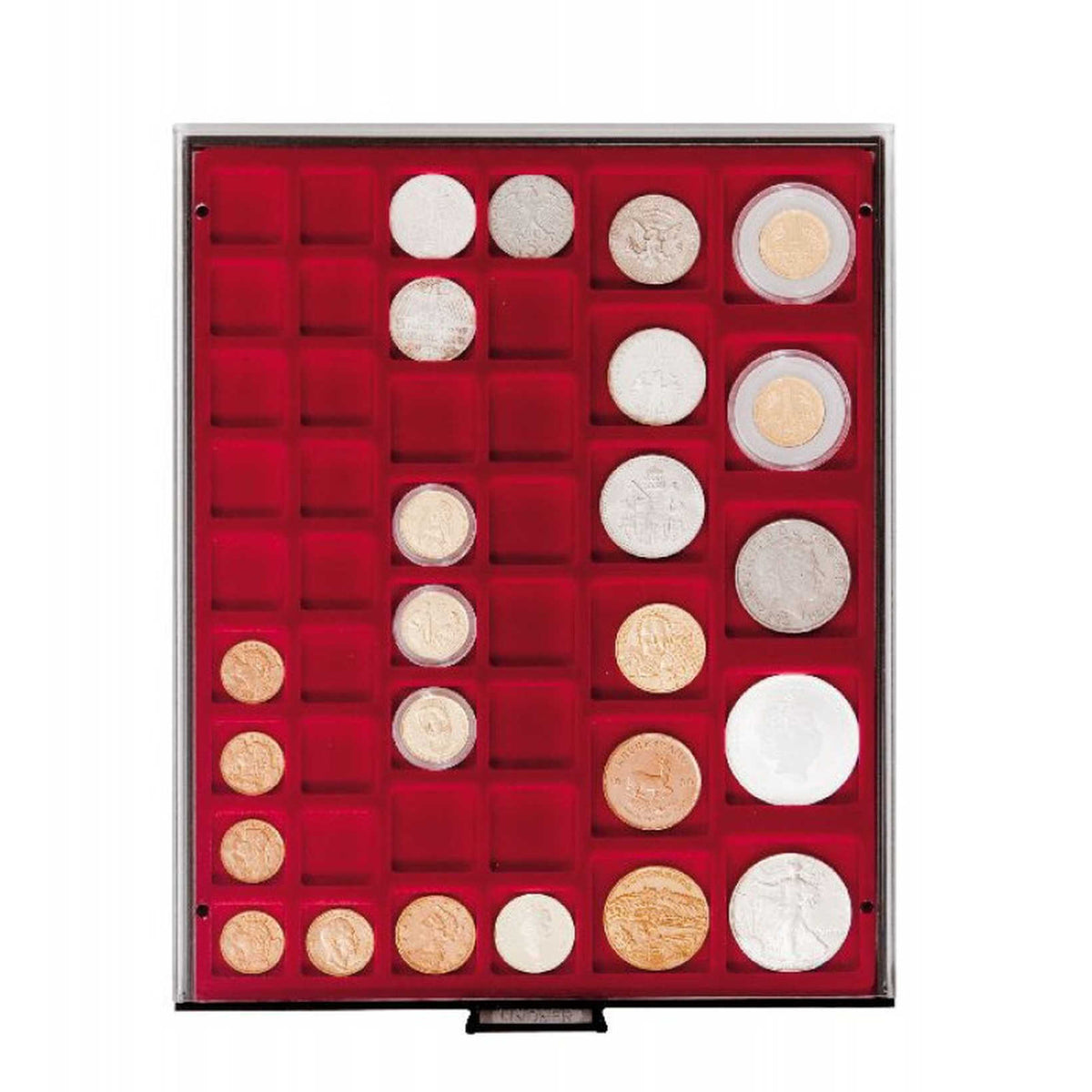 Coin Box 45 compartments with varying diameter, smoke coloured