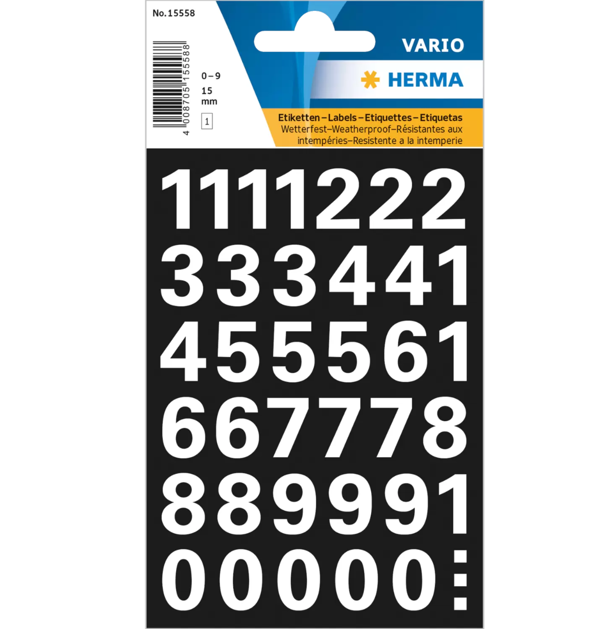 Numbers 15 mm 0-9 weatherproof film white