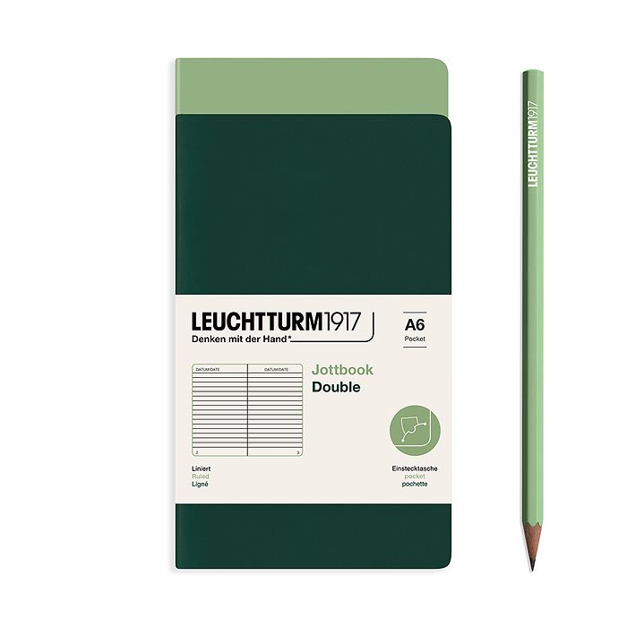 Jottbook (A6) 59 numbered pages, Ruled, sage and forest green, in a double pack