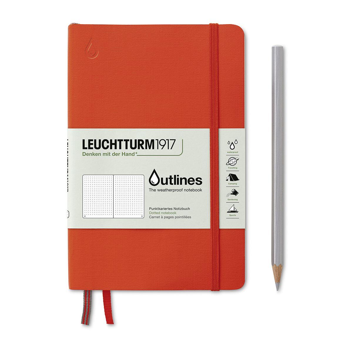 Outlines Weatherproof Notebook Paperback B6+, 150g/m2 nautical chart paper, 89p, Signal Orange, Dotted