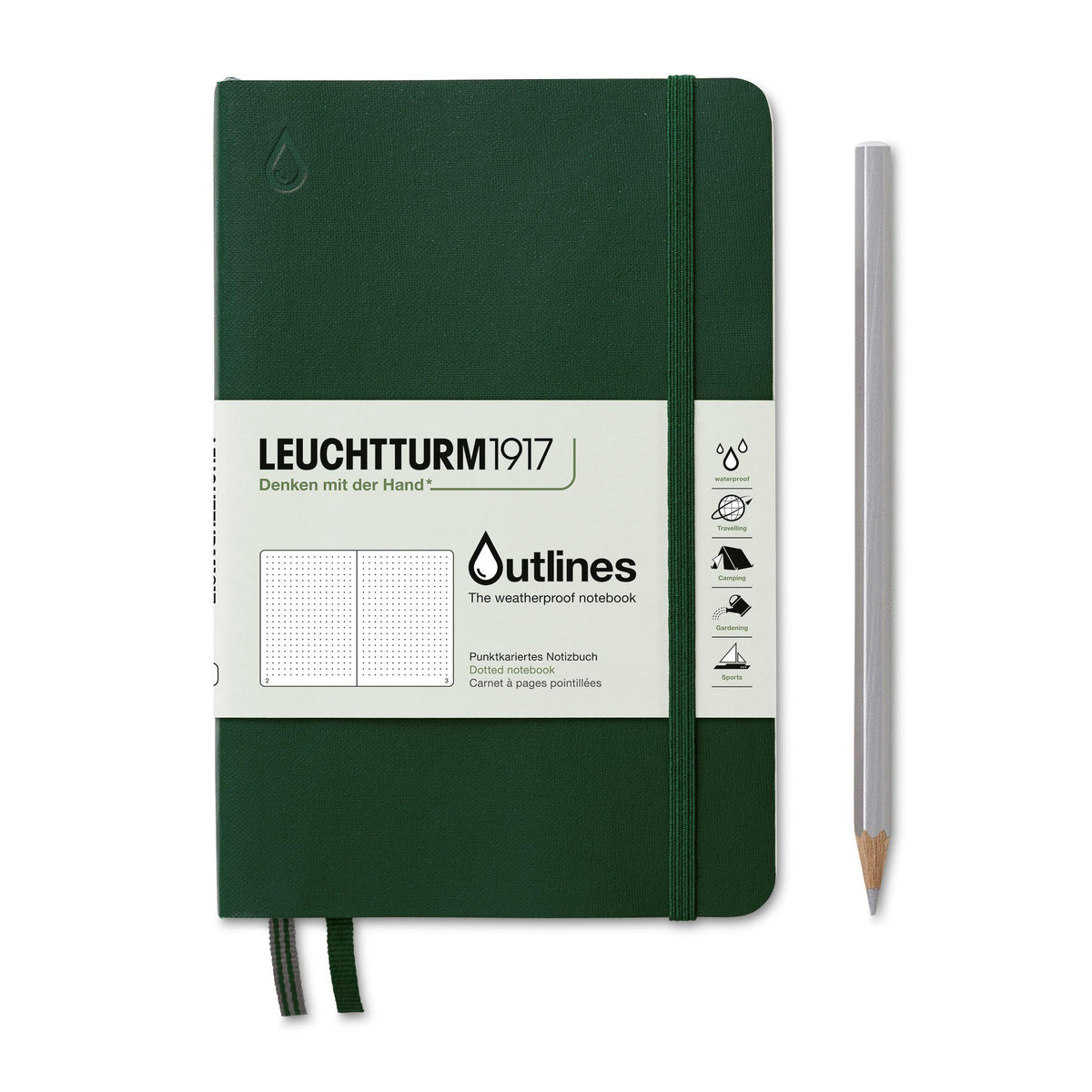 Outlines Weatherproof Notebook Paperback B6+, 150g/m2 nautical chart paper, 89p, Walden Green, Dotted