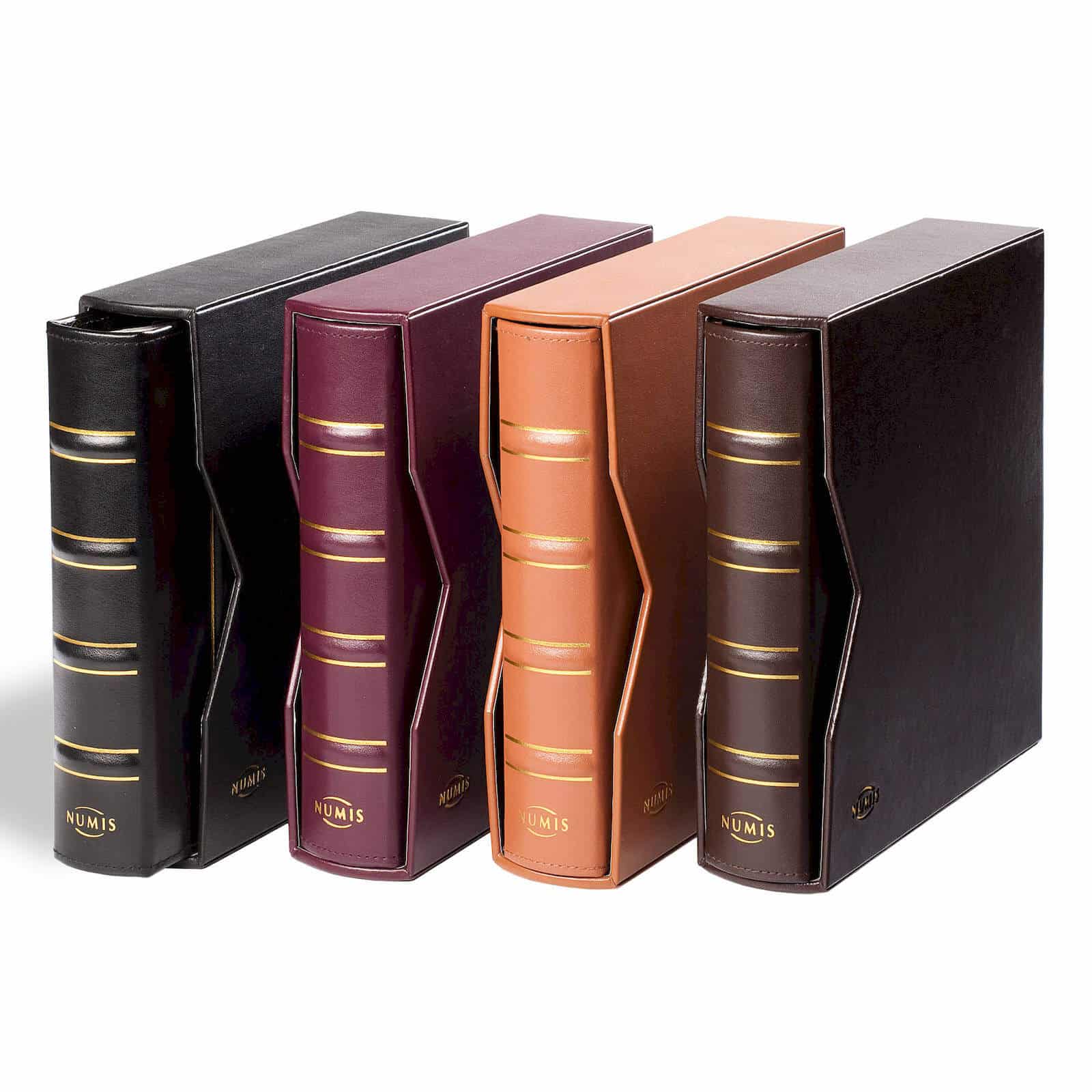 Leather Binder NUMIS, in Classic Design, leatherette slipcase, darkbrown