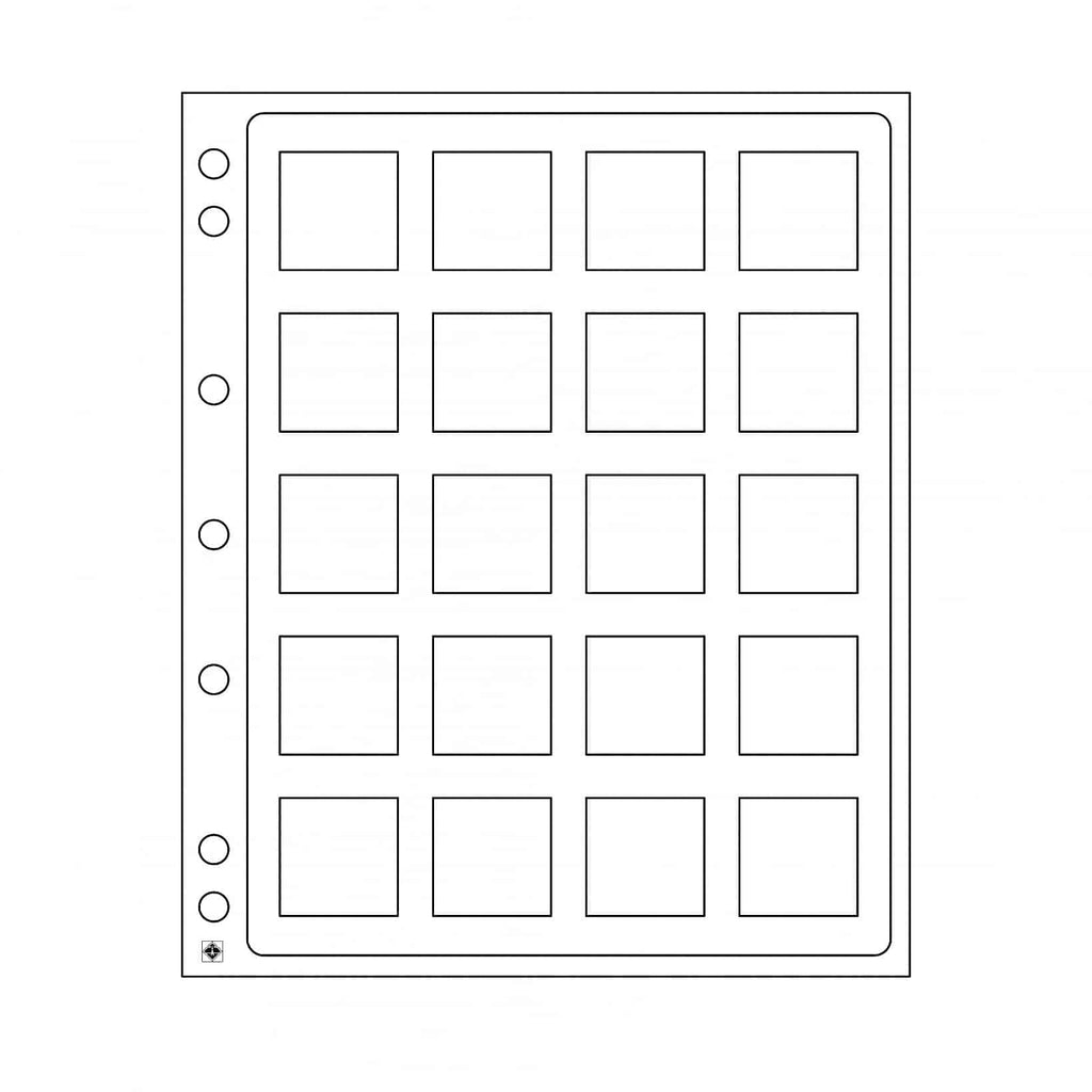Plastic Sheets ENCAP, clear pockets for 20 square Coin Capsules QUADRUM 50 x 50mm