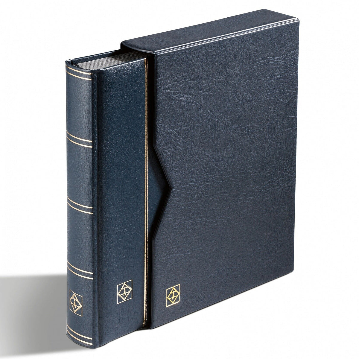 Stockbook PREMIUM, A4, 64 black pages, padded leather* cover + case, blue
