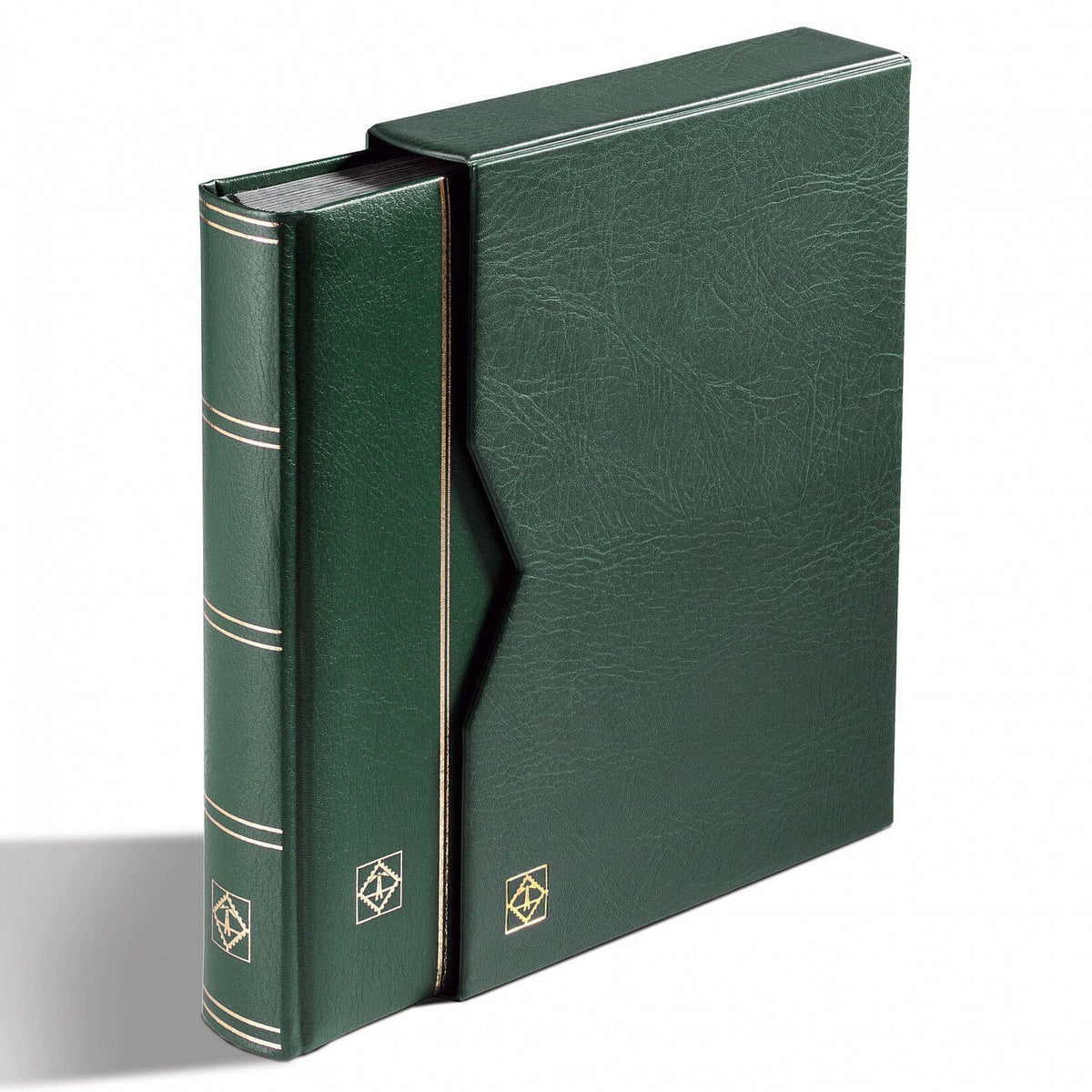 Stockbook PREMIUM, A4, 32 black pages, padded leather* cover + case, green